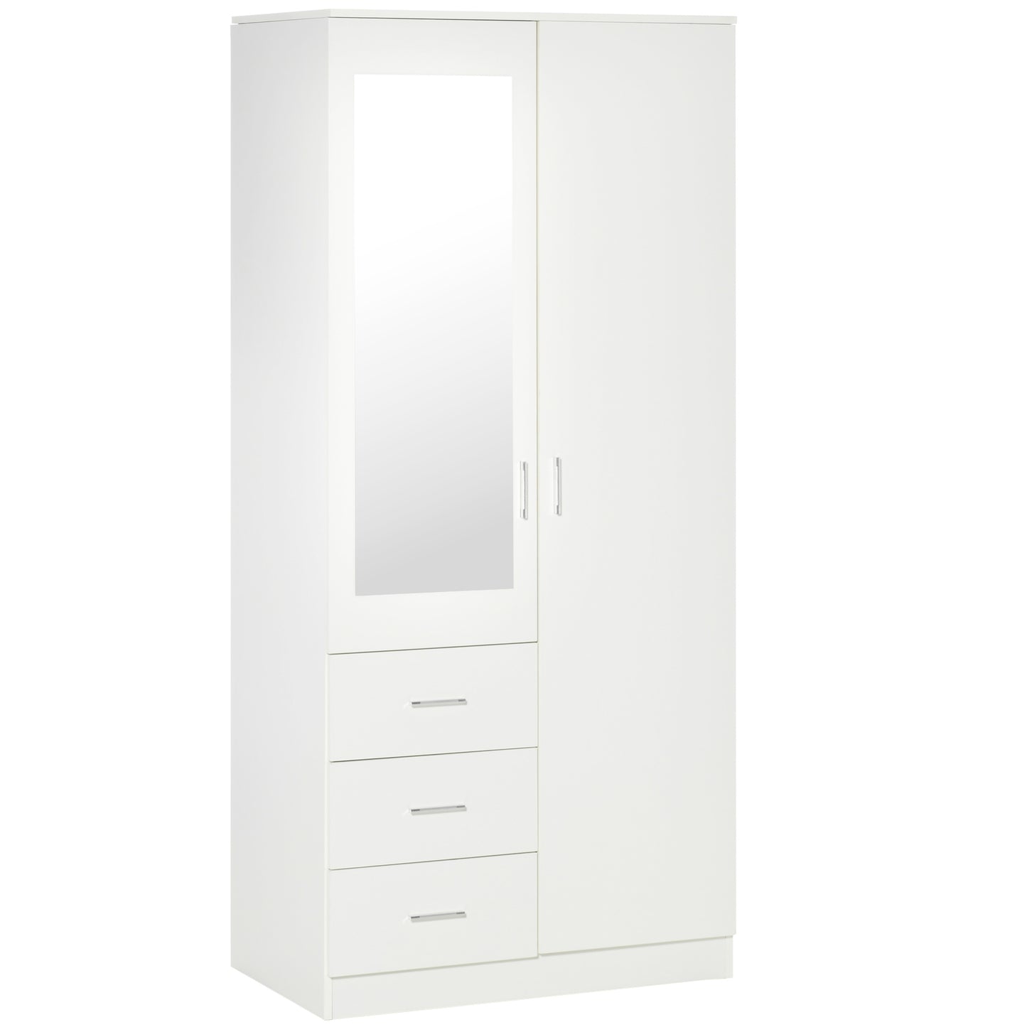 HOMCOM 2 Door 3 Drawer Mirrored Wardrobe with Hanging Rail, Modern Clothes Storage Cupboard with Mirror, Drawers and Adjustable Shelves for Bedroom, 80 x 50 x 180 cm, White