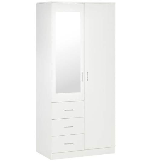 HOMCOM 2 Door 3 Drawer Mirrored Wardrobe with Hanging Rail, Modern Clothes Storage Cupboard with Mirror, Drawers and Adjustable Shelves for Bedroom, 80 x 50 x 180 cm, White