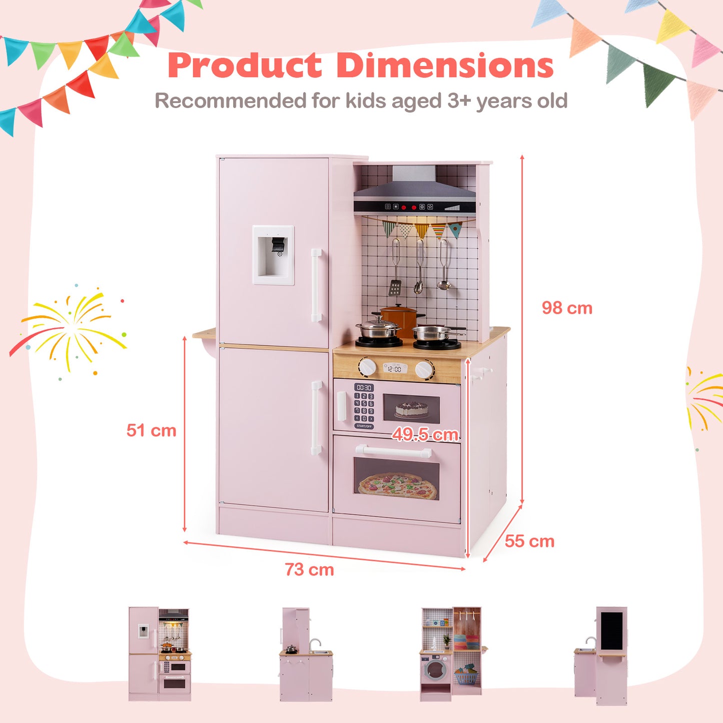Dual-Sided Kids Play Kitchen with Water Dispenser and Range Hood for 3+ Years Old-Pink