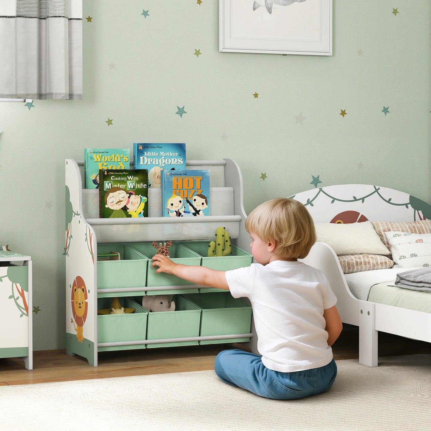 AIYAPLAY Kids Storage Unit, Toy Organiser with 6 Fabric Drawers and 2-Tier Sling Book Rack for Bedroom, Playroom, Nursery, Green