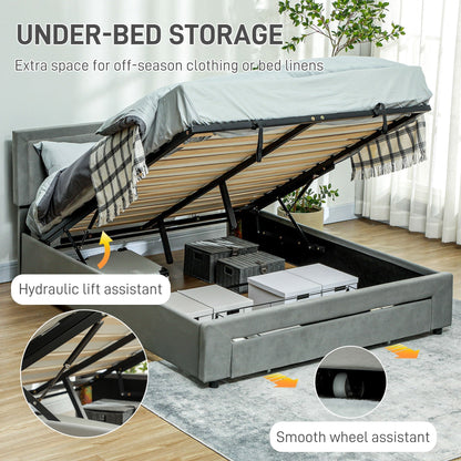 HOMCOM Double Size Ottoman Bed Frame 140W x 193.5D x 95Hcm with Front Drawer - Grey
