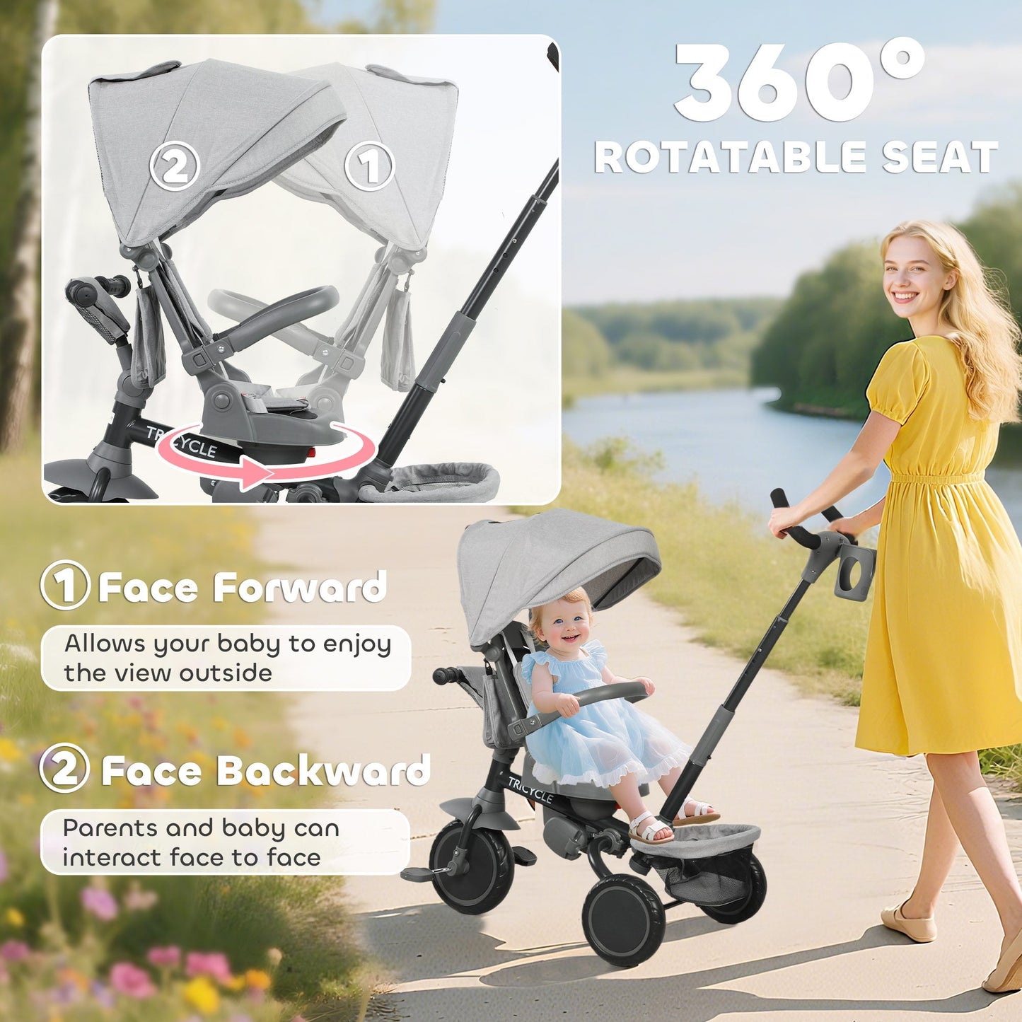 AIYAPLAY 6 in 1 Foldable Kids Trike with Adjustable Parent Handle & Canopy for Ages 1-5, Grey