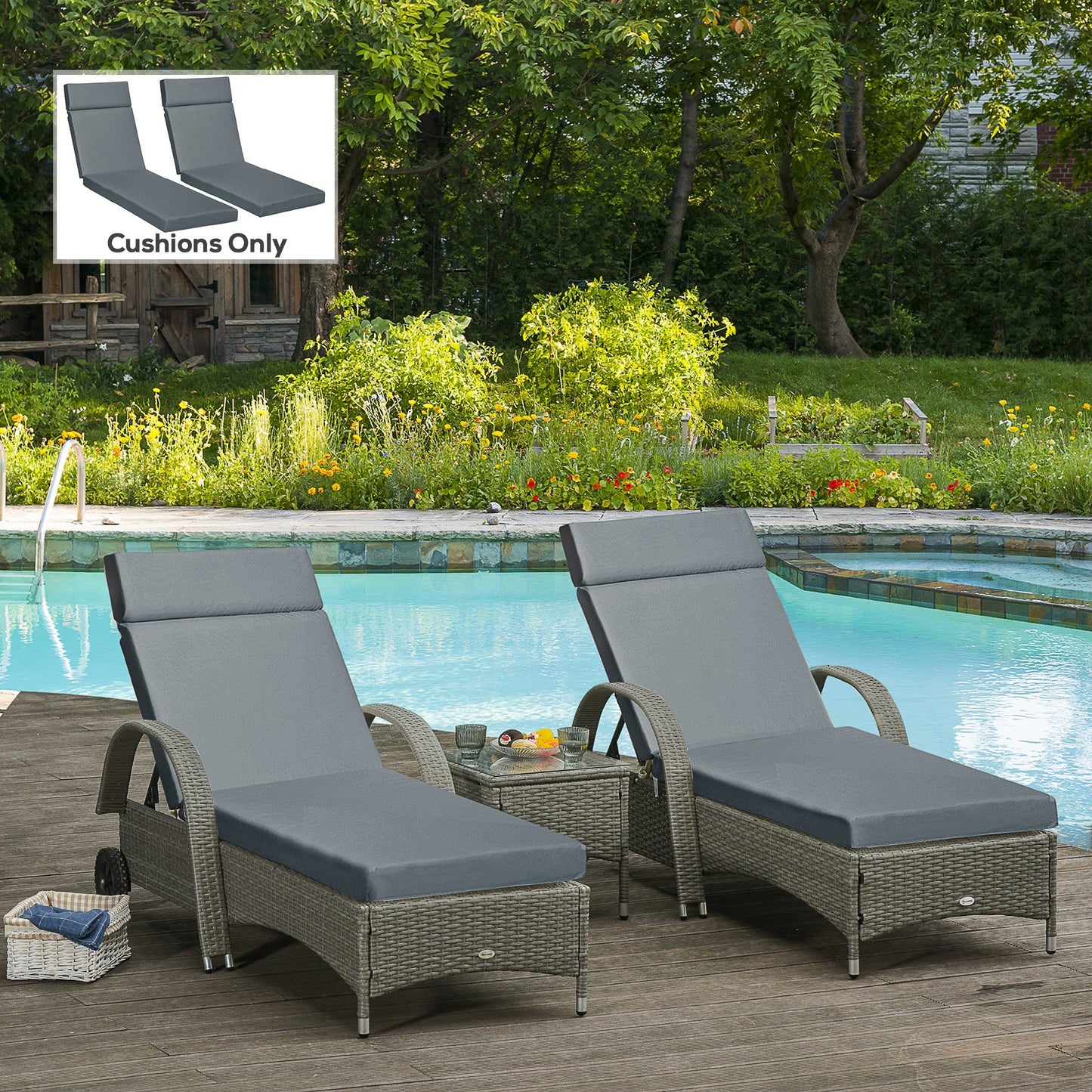 Outsunny Set of 2 Sun Lounger Cushions, Replacement Cushions for Rattan Furniture with Ties, 196 x 55 cm, Cushion ONLY, Dark Grey