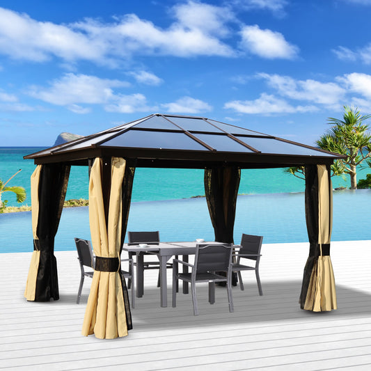 Outsunny 3 x 3.6m Polycarbonate Hardtop Gazebo with LED Solar Light and Aluminium Frame, Garden Pavilion with Mosquito Netting and Curtains