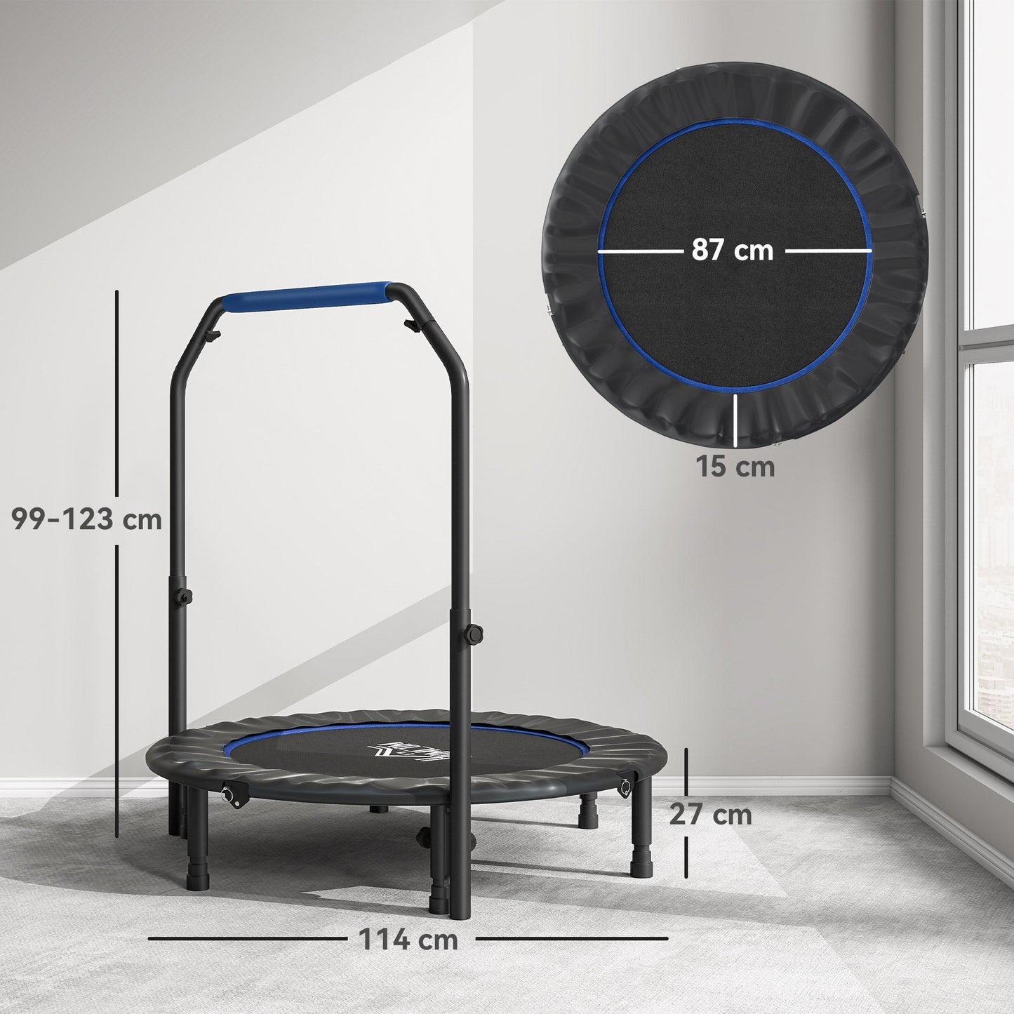 HOMCOM 45" Foldable Mini Fitness Trampoline, with Adjustable Foam Handle, Blue