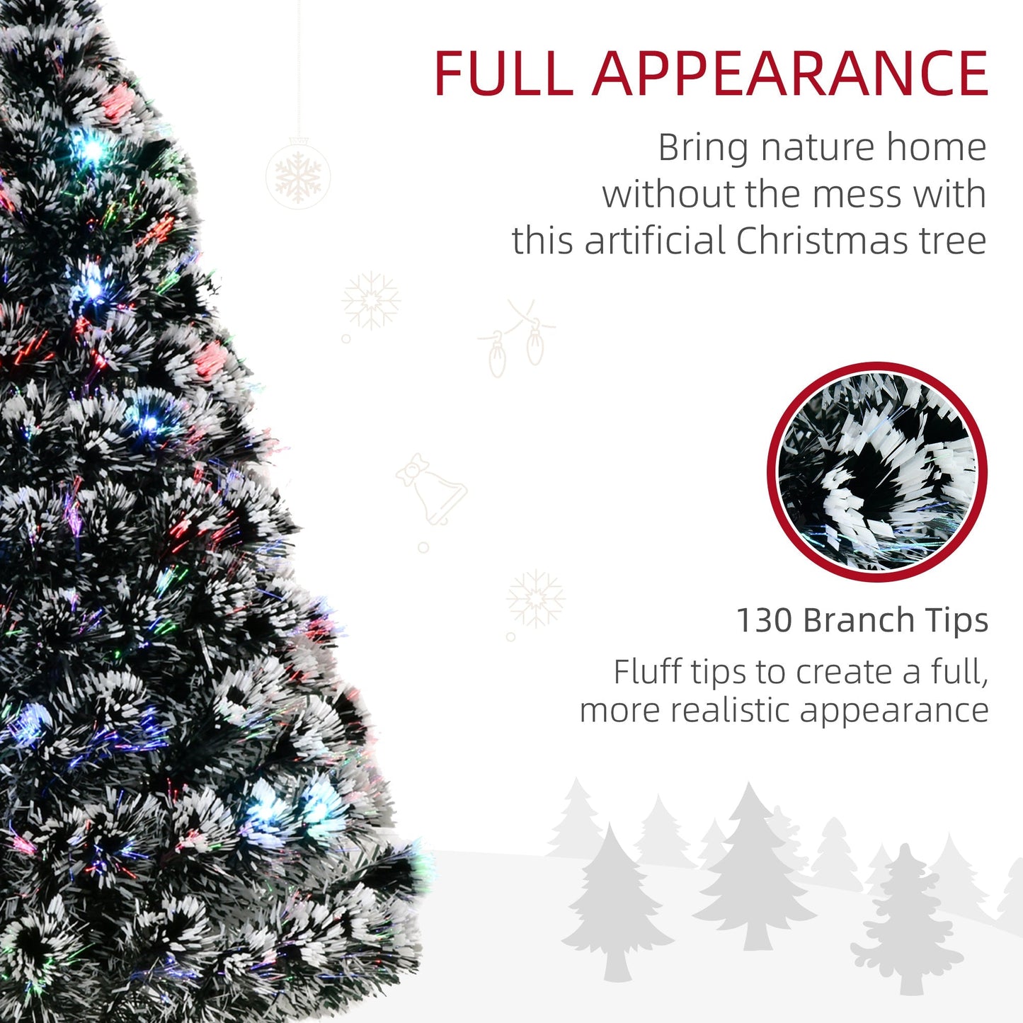 HOMCOM 4ft Artificial Prelit Christmas Tree, Snow Xmas Tree with Colourful LED Lighting Fiber Optics, Green White