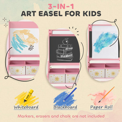 AIYAPLAY Art Easel for Kids, Double-Sided Whiteboard/Blackboard with Paper Roll, Two Storage Boxes, for Ages 3-8 Years, Pink