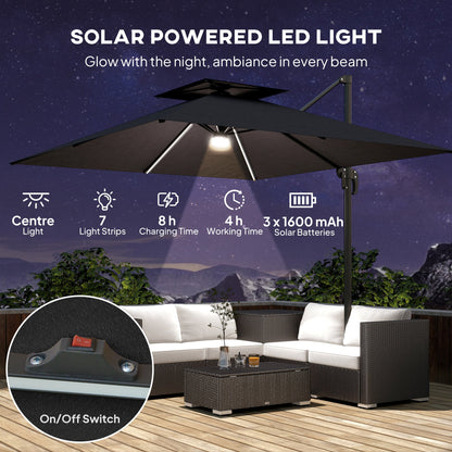 Outsunny 2.5m Cantilever Parasol with Solar Powered LED Lights, 360¡ Rotation, Tilt Adjustment, Crank Handle, Dark Grey
