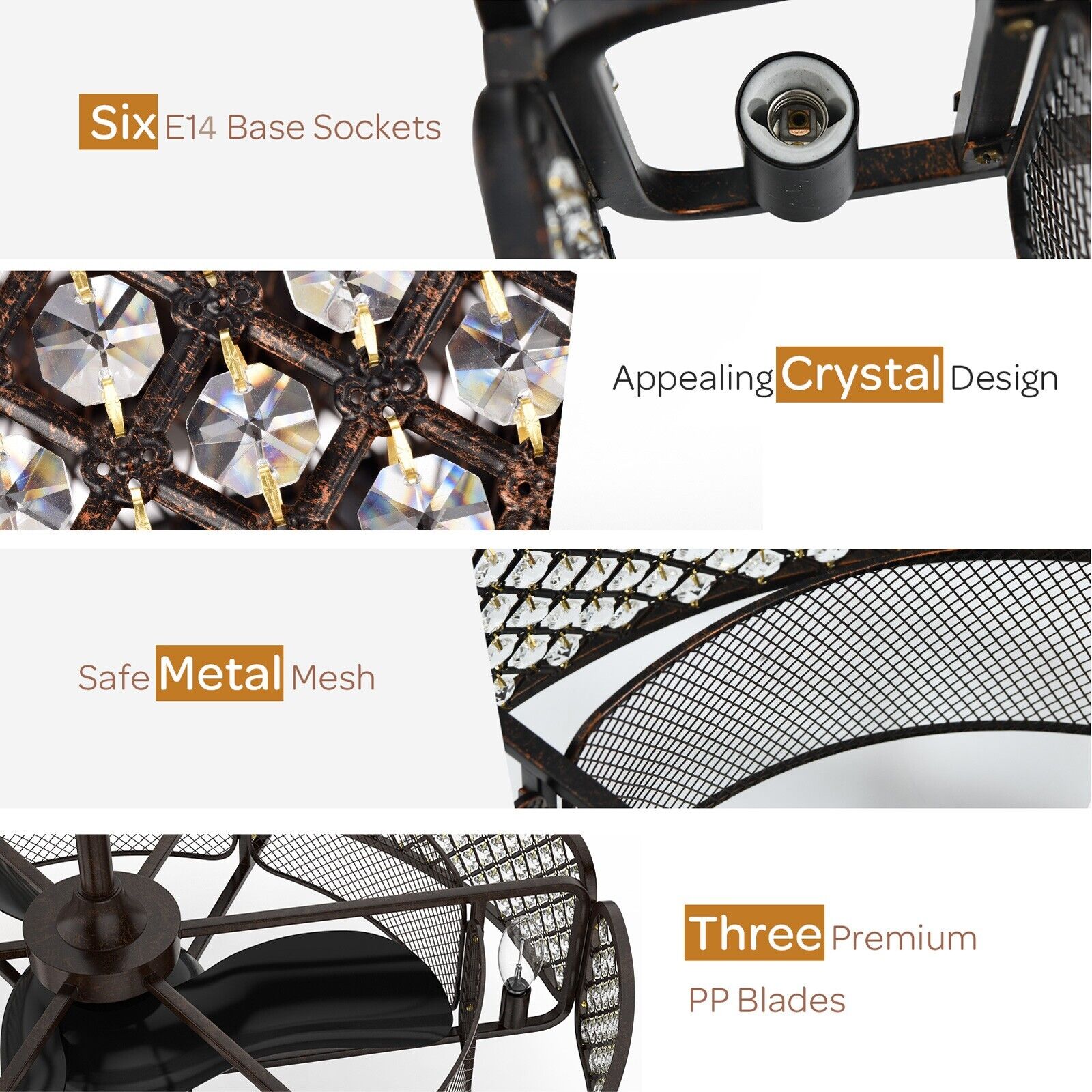 Caged Crystal Ceiling Fan Light with 6 Gear Speeds and 3 Fan Blades-Coffee