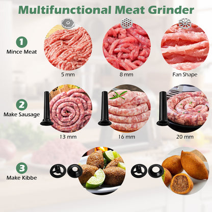 Electric Meat Grinder 2000W Sausage Stuffer Maker with 3 Sausage Tubes and 3 Grinding Plates-Silver