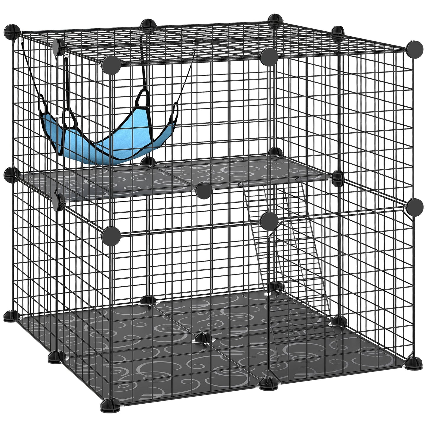 PawHut Indoor Cat Cage DIY Customizable 2-Tier Indoor Cat Enclosure with 2 Doors and Hammock 70 cm Black