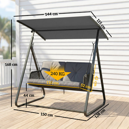 Outsunny 2-Seater Rattan Swing Chair, Outdoor Garden Hanging Swing Seat with Stand, Adjustable Canopy and Soft Cushions