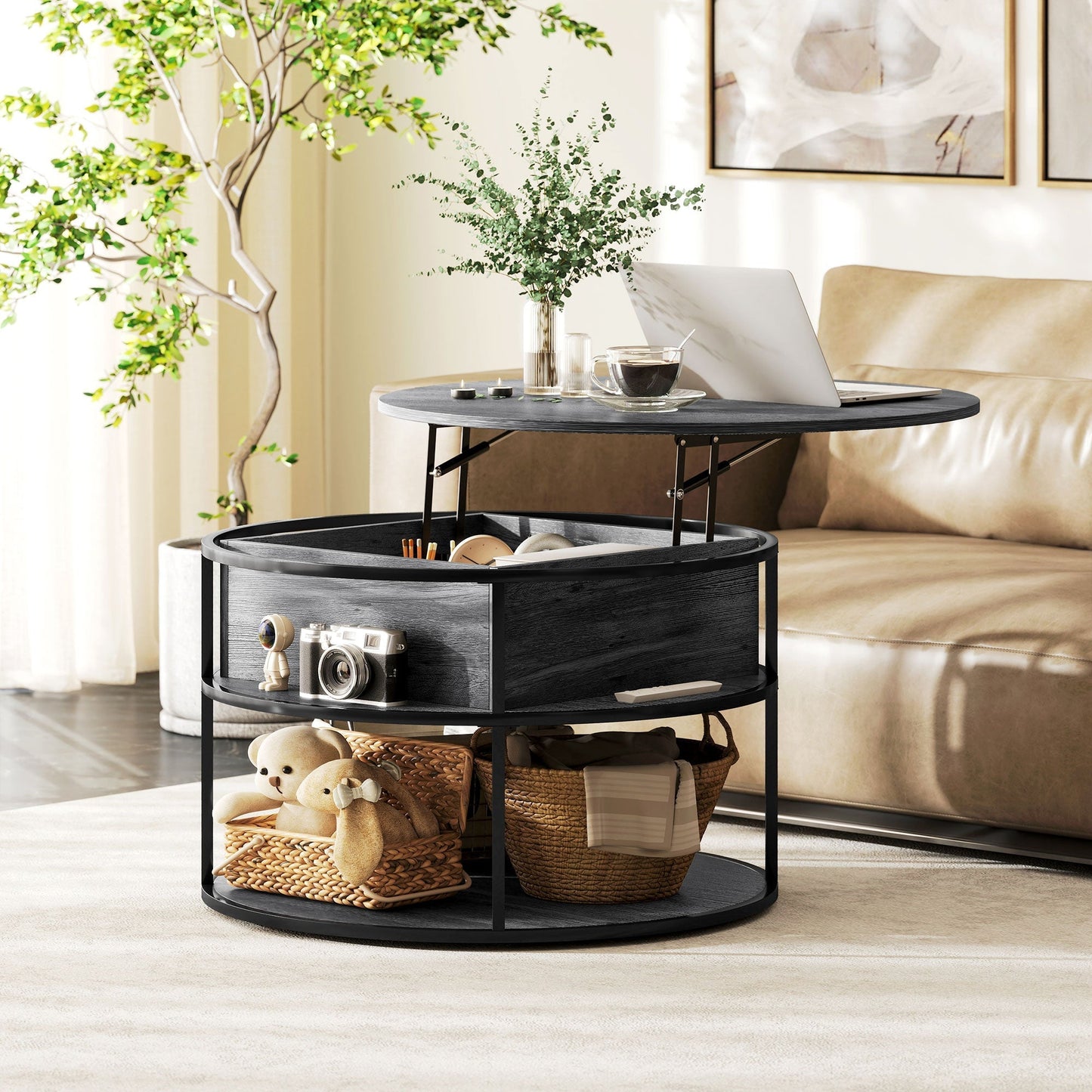 HOMCOM Lift Top Coffee Table, Round Coffee Table with Storage Shelf, Hidden Compartment and Steel Frame for Living Room, Home Office, Charcoal Grey