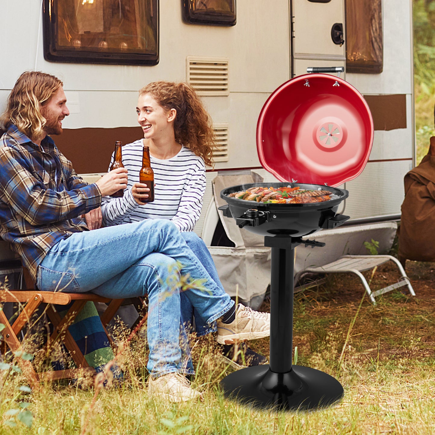 Electric BBQ Grill with Removable Non-Stick Grilling Rack-Red
