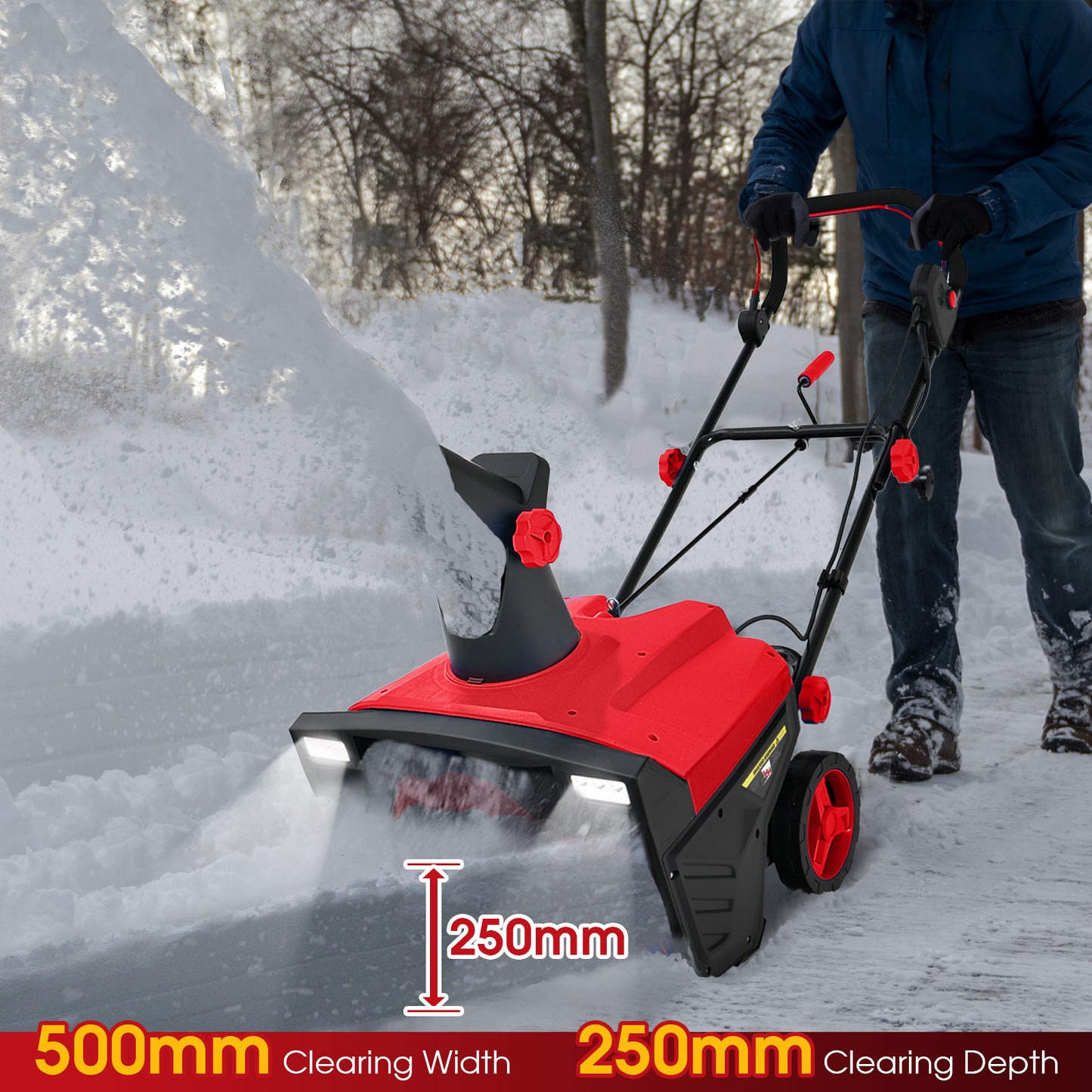 Electric Walk-behind Snow Blower with Dual LED Lights and Rotating Chute-Red