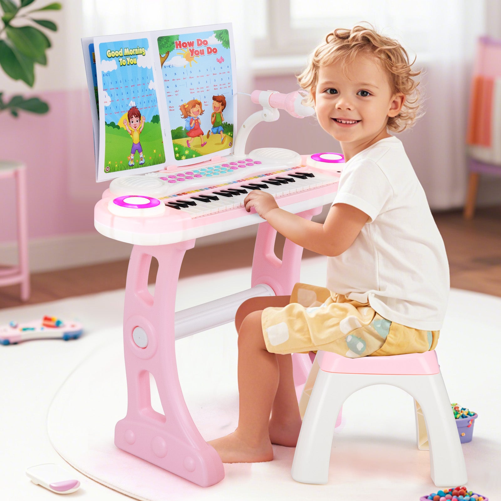 37 Keys Electronic Kids Piano Toy with Detachable Legs and Stool-Pink