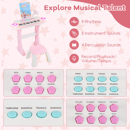 37 Keys Electronic Kids Piano Toy with Detachable Legs and Stool-Pink