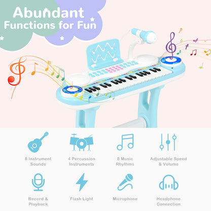 37 Keys Electronic Kids Piano Toy with Detachable Legs and Stool-Blue