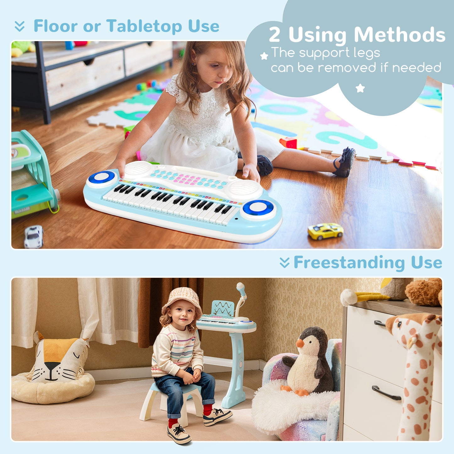 37 Keys Electronic Kids Piano Toy with Detachable Legs and Stool-Blue