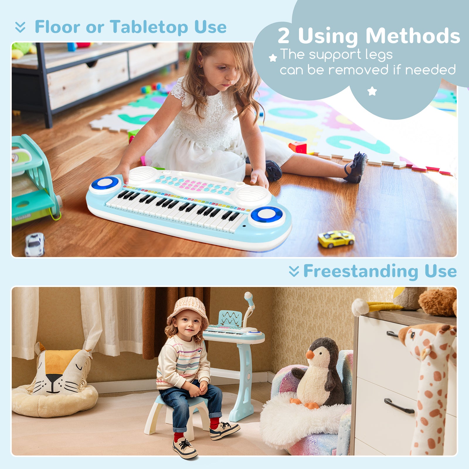 37 Keys Electronic Kids Piano Toy with Detachable Legs and Stool-Blue