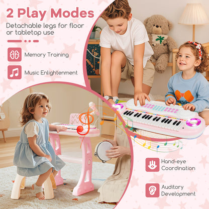 37 Keys Electronic Kids Piano Toy with Detachable Legs and Stool-Pink