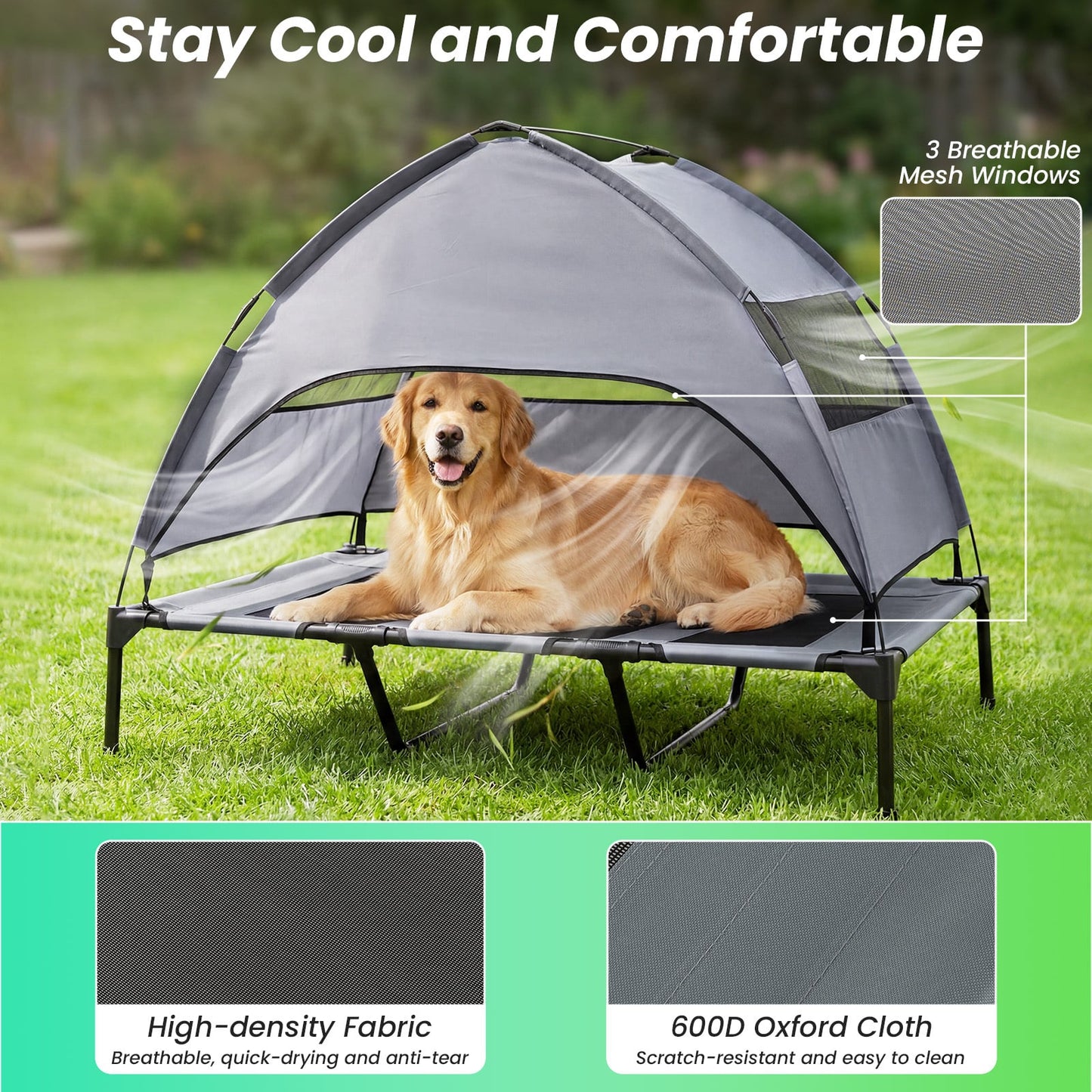 Elevated Dog Bed with Canopy and Raised Indoor Outdoor Pet Bed with Removable Shade Tent for Large Dogs-Grey