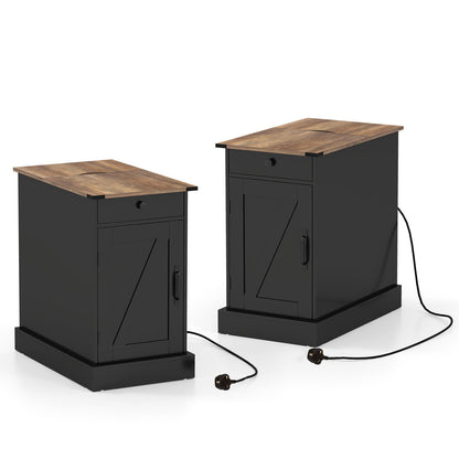 End Table Set of 2 with Charging Station and Storage Drawer-Black