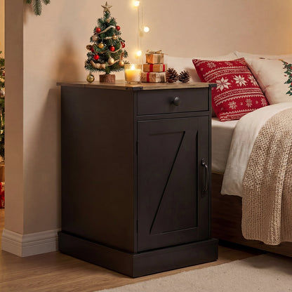 End Table Set of 2 with Charging Station and Storage Drawer-Black