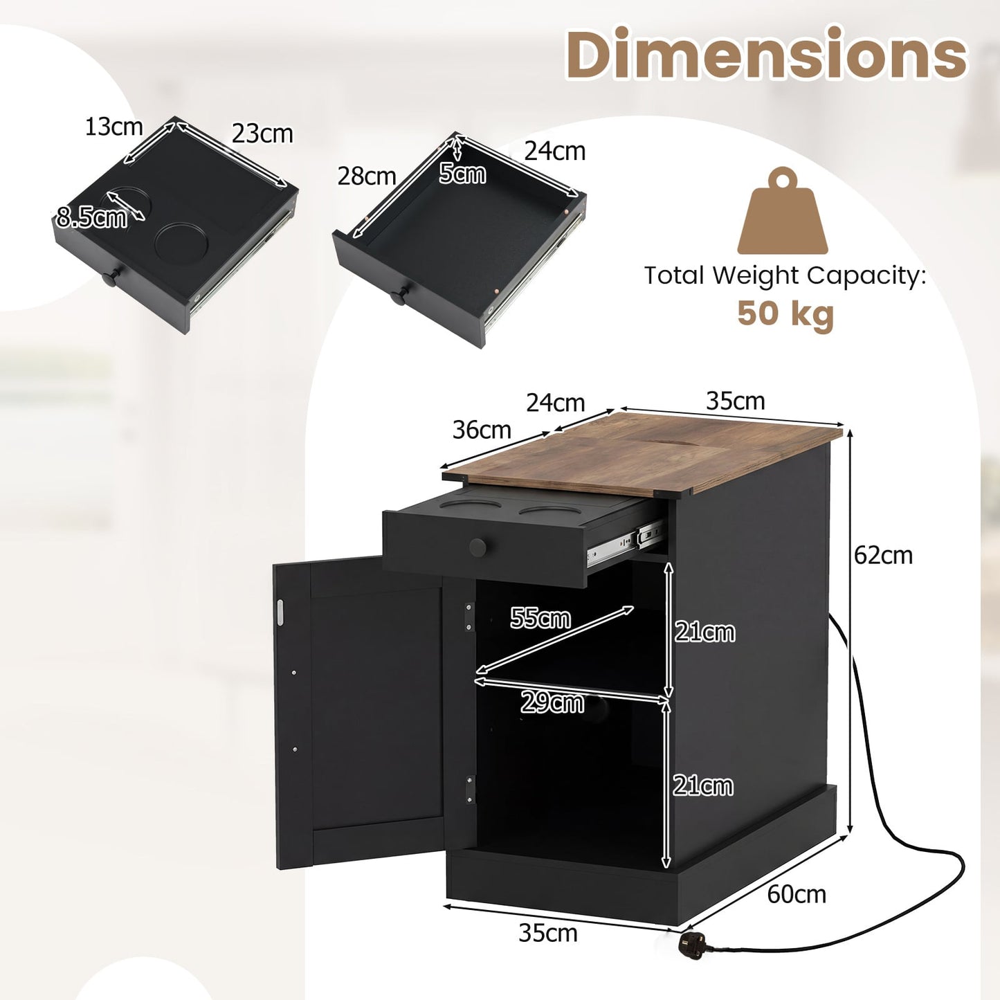 End Table Set of 2 with Charging Station and Storage Drawer-Black
