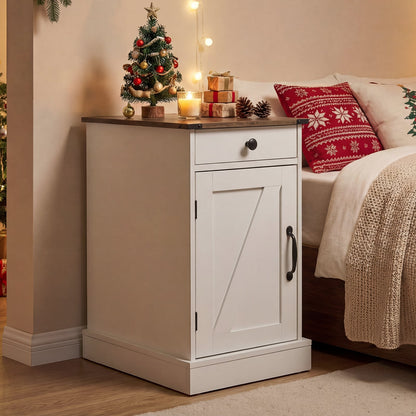 End Table Set of 2 with Charging Station and Storage Drawer-White