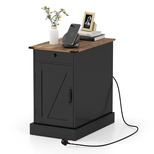 End Table with Charging Station Farmhouse Bedside Table with Storage Drawer-Black