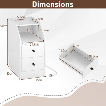 End Table with Charging Station & Storage Drawers for Small Space Living Room Bedroom-White