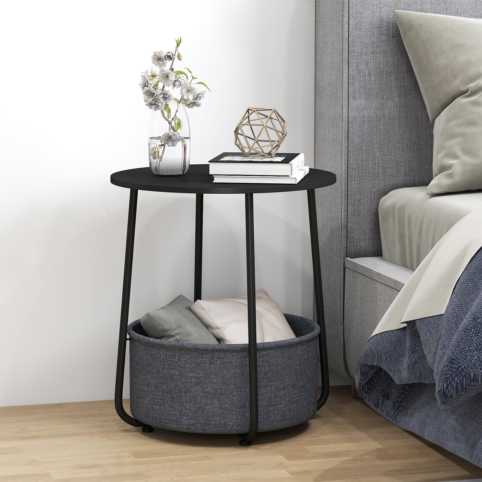 2-Tier End Table with Fabric Storage Basket and Metal Frame-Black