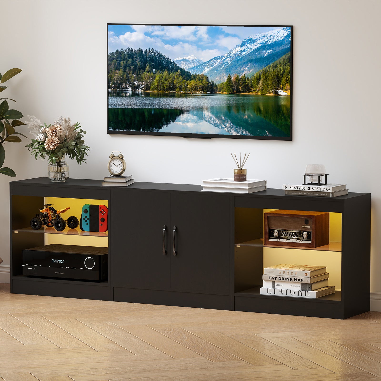 3-in-1 Entertainment Center with Adjustable Glass Shelves-Black