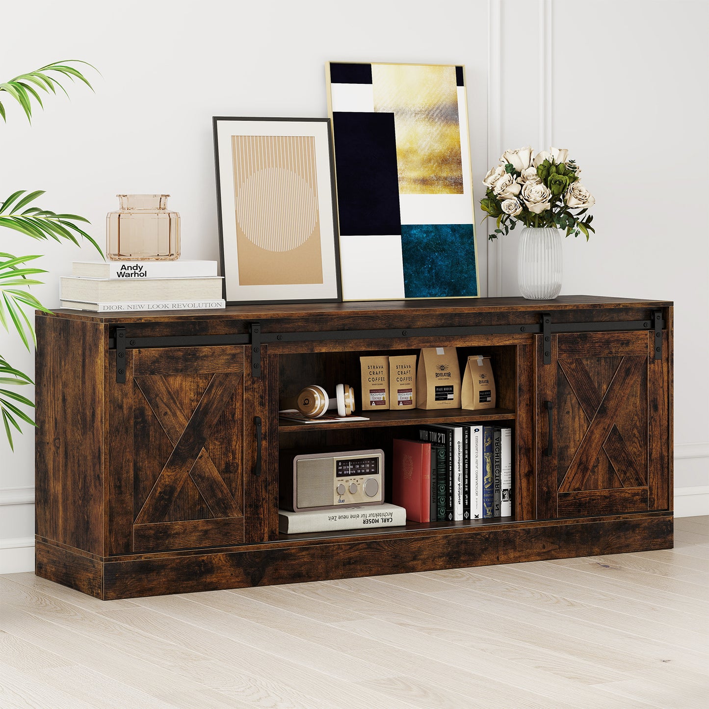 Entertainment Center with Sliding Barn Doors and Adjustable Shelves-Rustic Brown