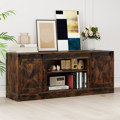 Entertainment Center with Sliding Barn Doors and Adjustable Shelves-Rustic Brown