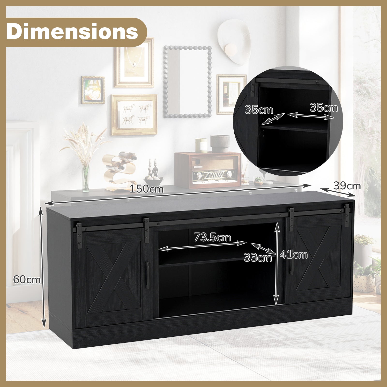 Entertainment Center with Sliding Barn Doors and Adjustable Shelves-Black