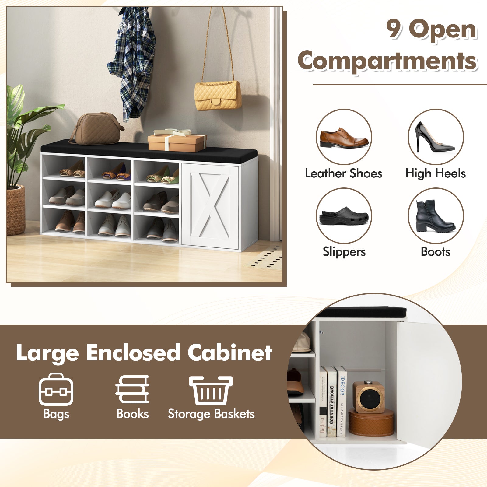 3-Tier Entryway Shoe Storage Bench with Padded Cushion-White