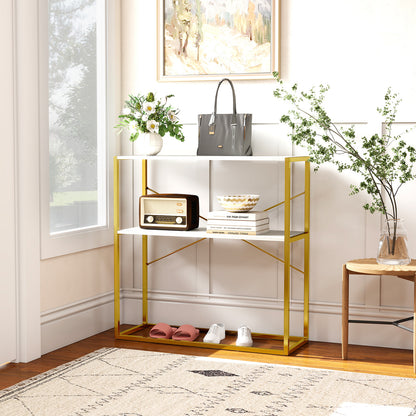 2-Tier Entryway Table with Marble Textured Open Shelves and Metal Frame-White &amp; Golden
