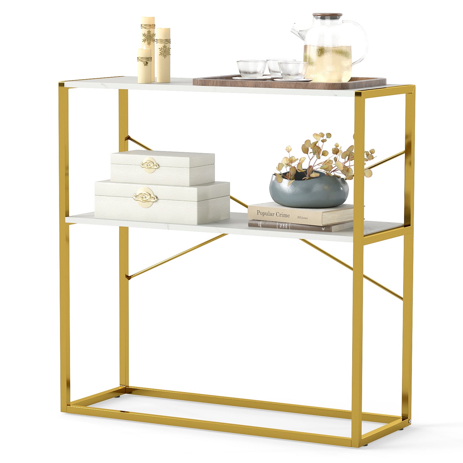 2-Tier Entryway Table with Marble Textured Open Shelves and Metal Frame-White &amp; Golden