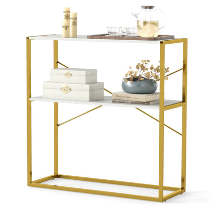 2-Tier Entryway Table with Marble Textured Open Shelves and Metal Frame-White &amp; Golden