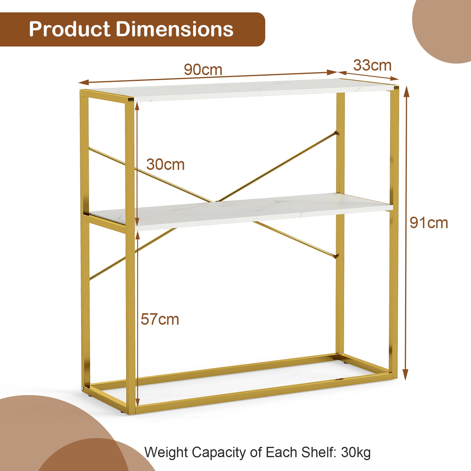 2-Tier Entryway Table with Marble Textured Open Shelves and Metal Frame-White &amp; Golden