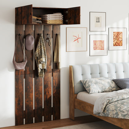 Entryway Wall Mounted Coat Rack Coat Rack with 5 Double Hooks and 2-Door Cabinet-Coffee