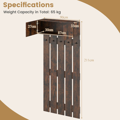 Entryway Wall Mounted Coat Rack Coat Rack with 5 Double Hooks and 2-Door Cabinet-Coffee