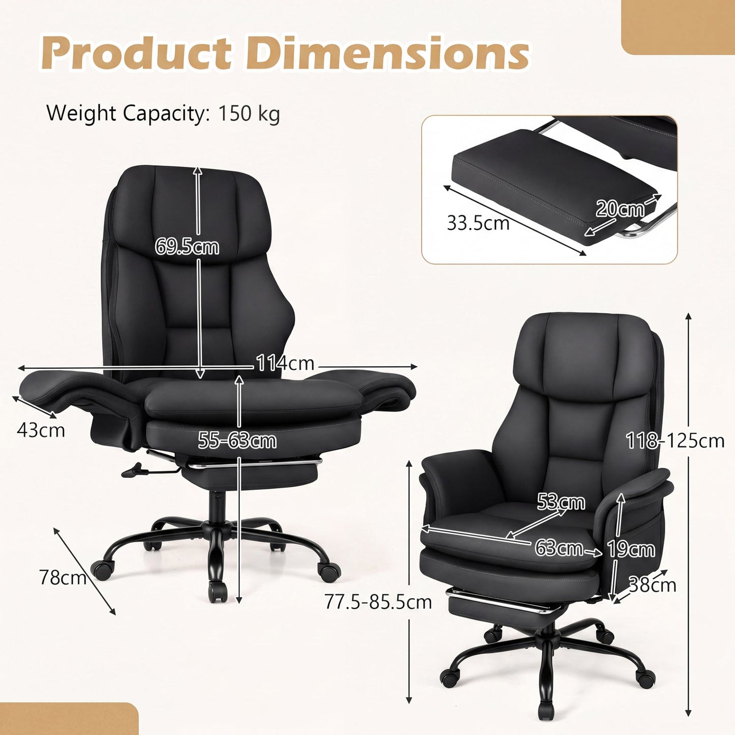 Ergonomic Cross Legged Office Chair with Retractable Footrest Adjustable Armrests for Home Office-Balck