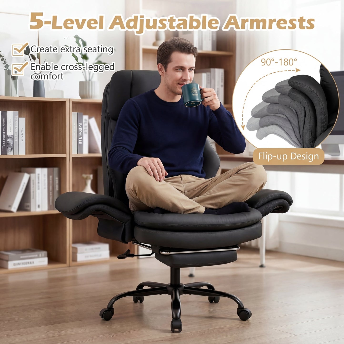 Ergonomic Cross Legged Office Chair with Retractable Footrest Adjustable Armrests for Home Office-Balck