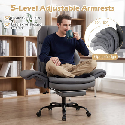 Ergonomic Cross Legged Office Chair with Retractable Footrest Adjustable Armrests for Home Office-Grey