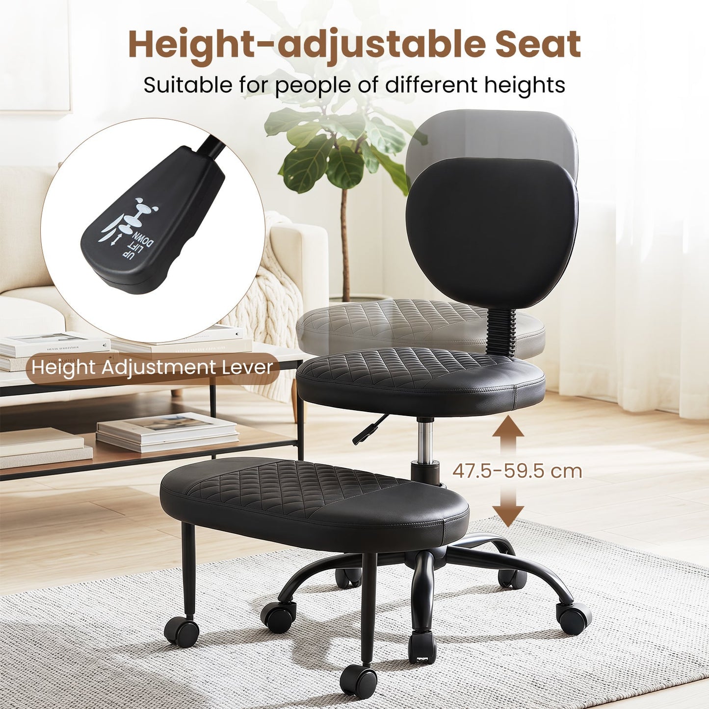 Ergonomic Cross Legged Office Chair with Wheels and Height-Adjustable Seat 360° Rotatable Footrest-Black