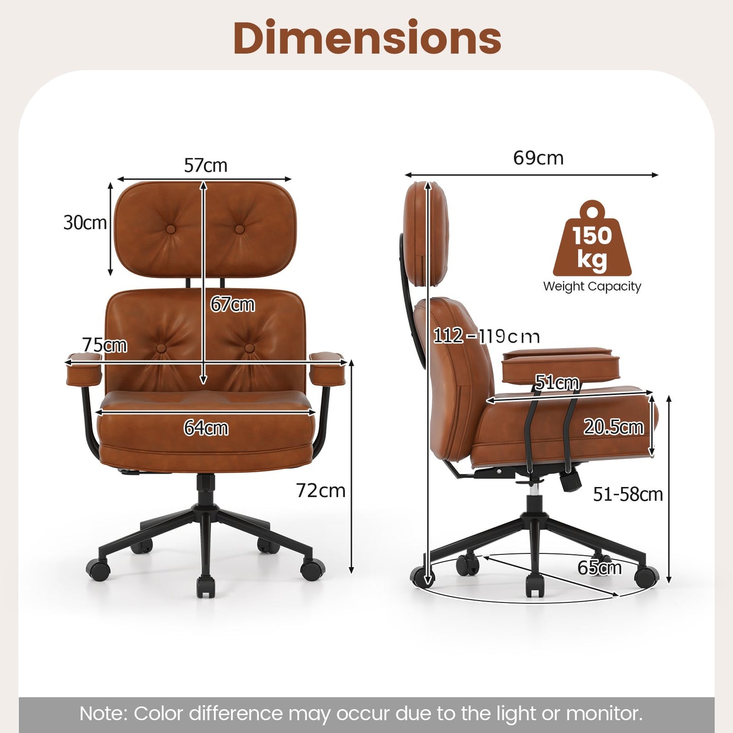 Ergonomic Home Office Chair Mid Century Modern Computer Desk Chair with Wide Tufted Seat-Brown