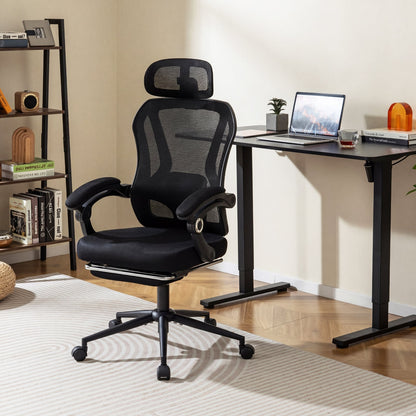 Ergonomic Mesh Office Chair with 2D Headrest and Retractable Footrest-Black